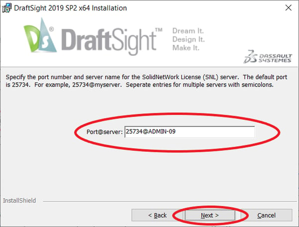 DraftSight serverio pasirinkimas