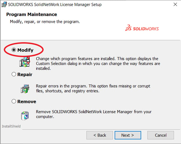 SolidNetWork License Manager Modify button
