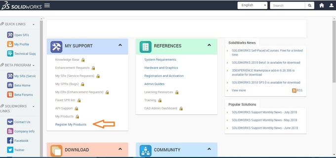 SOLIDWORKS Register My Products migtukas