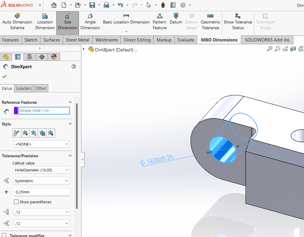 Kaip naudotis SOLIDWORKS DimXpert įrankiu